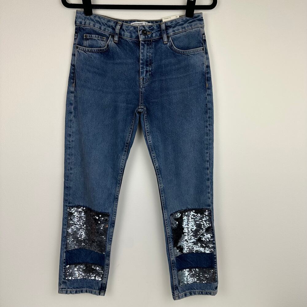 NWT Zara Basic Womens Cigarette Mid Rise Ankle Sequin Medium Wash Denim Jeans 2
